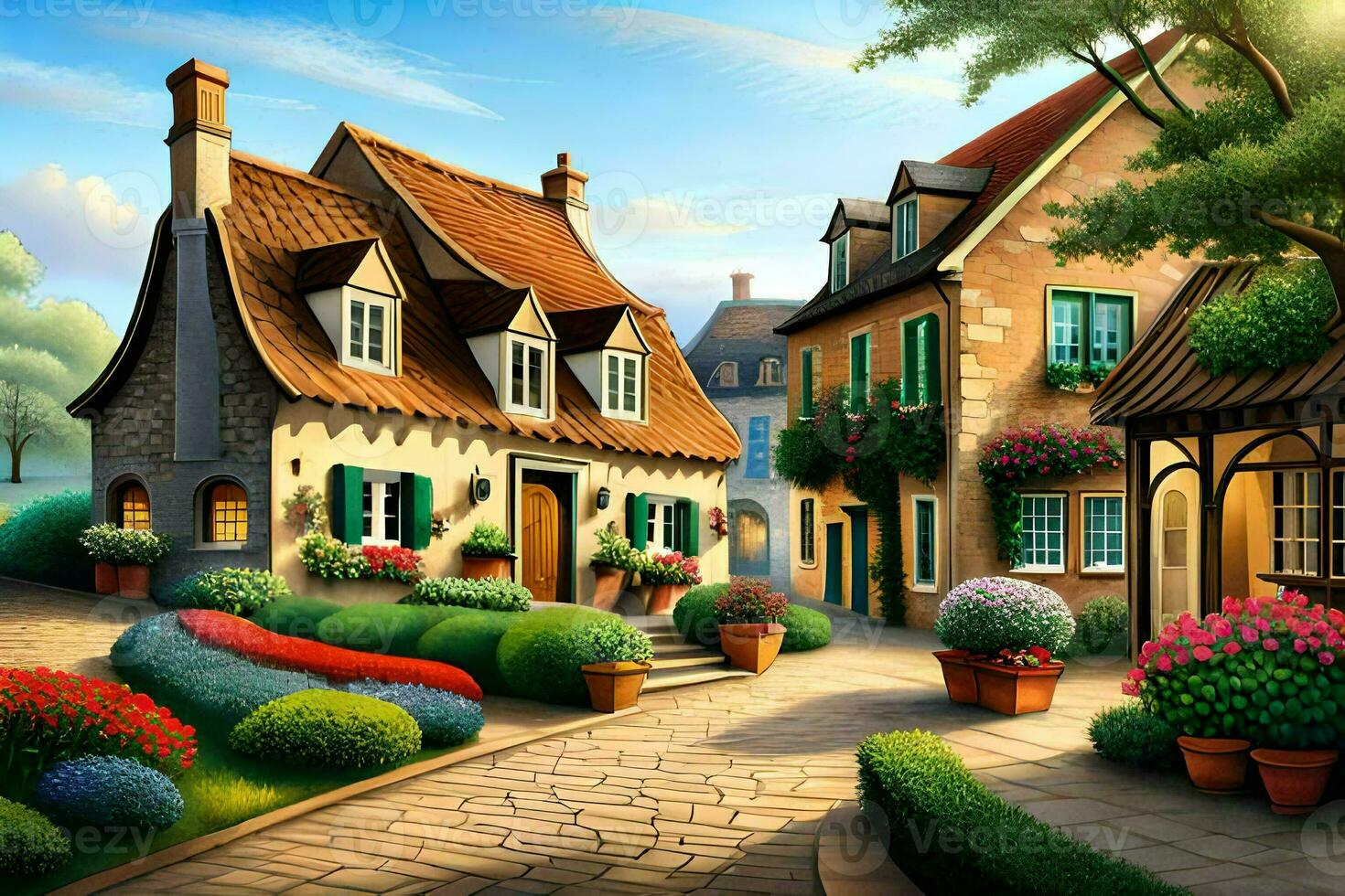 a painting of a small town with flowers and plants. AI-Generated photo