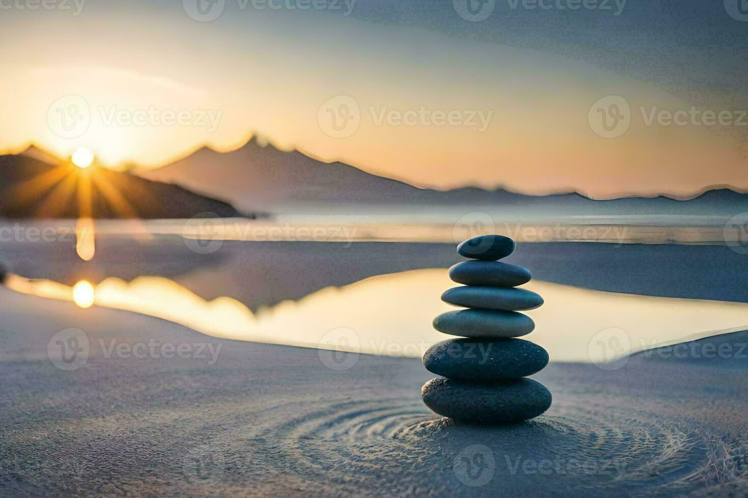 a stack of stones on the beach at sunset. AI-Generated photo