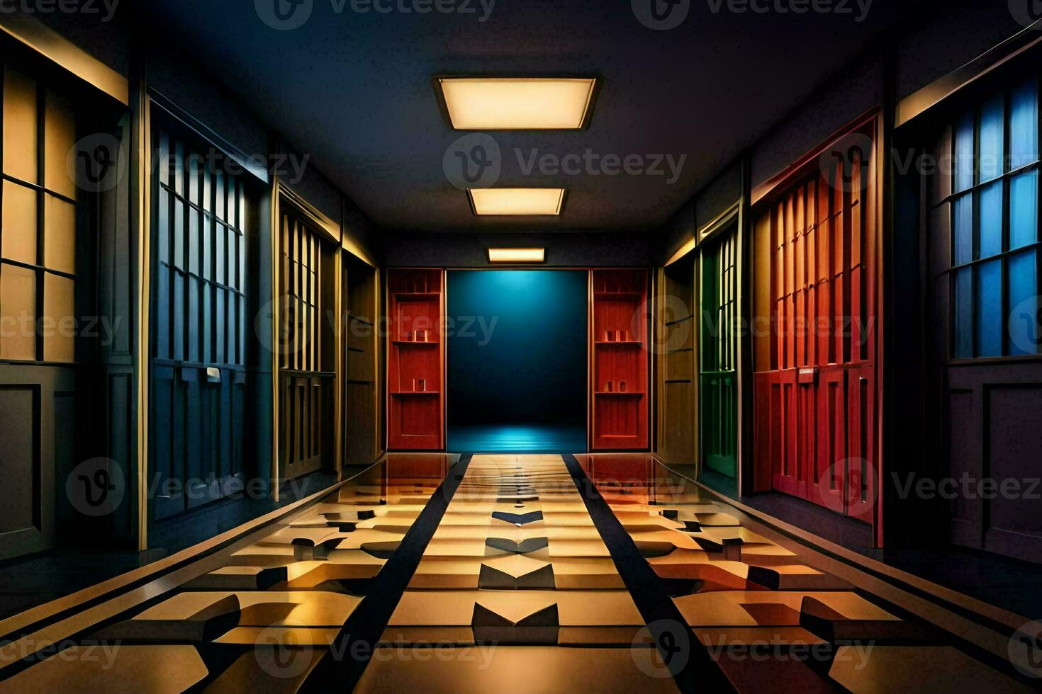 a hallway with colorful doors and a light at the end. AI-Generated photo