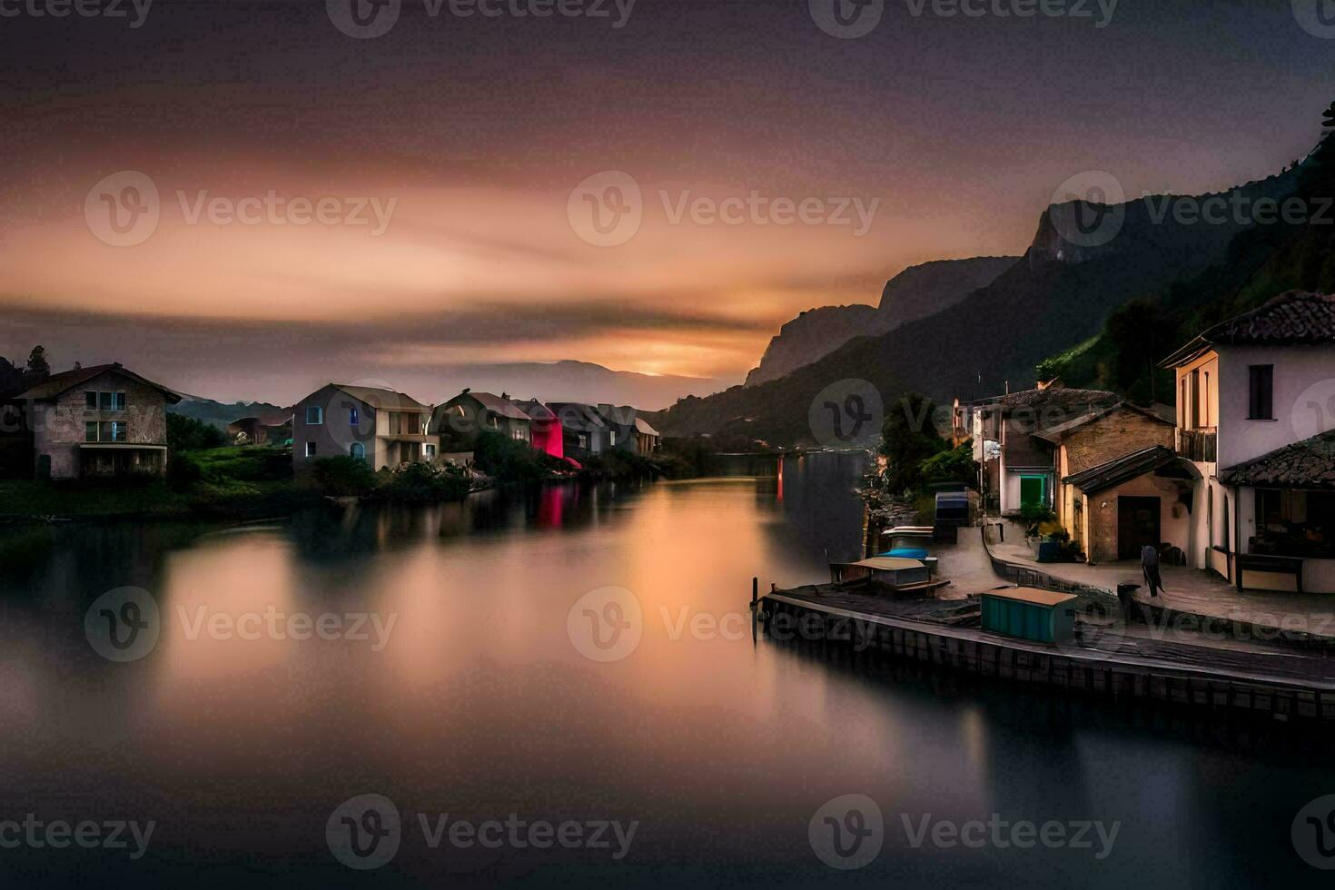 a river in the mountains at sunset. AI-Generated photo
