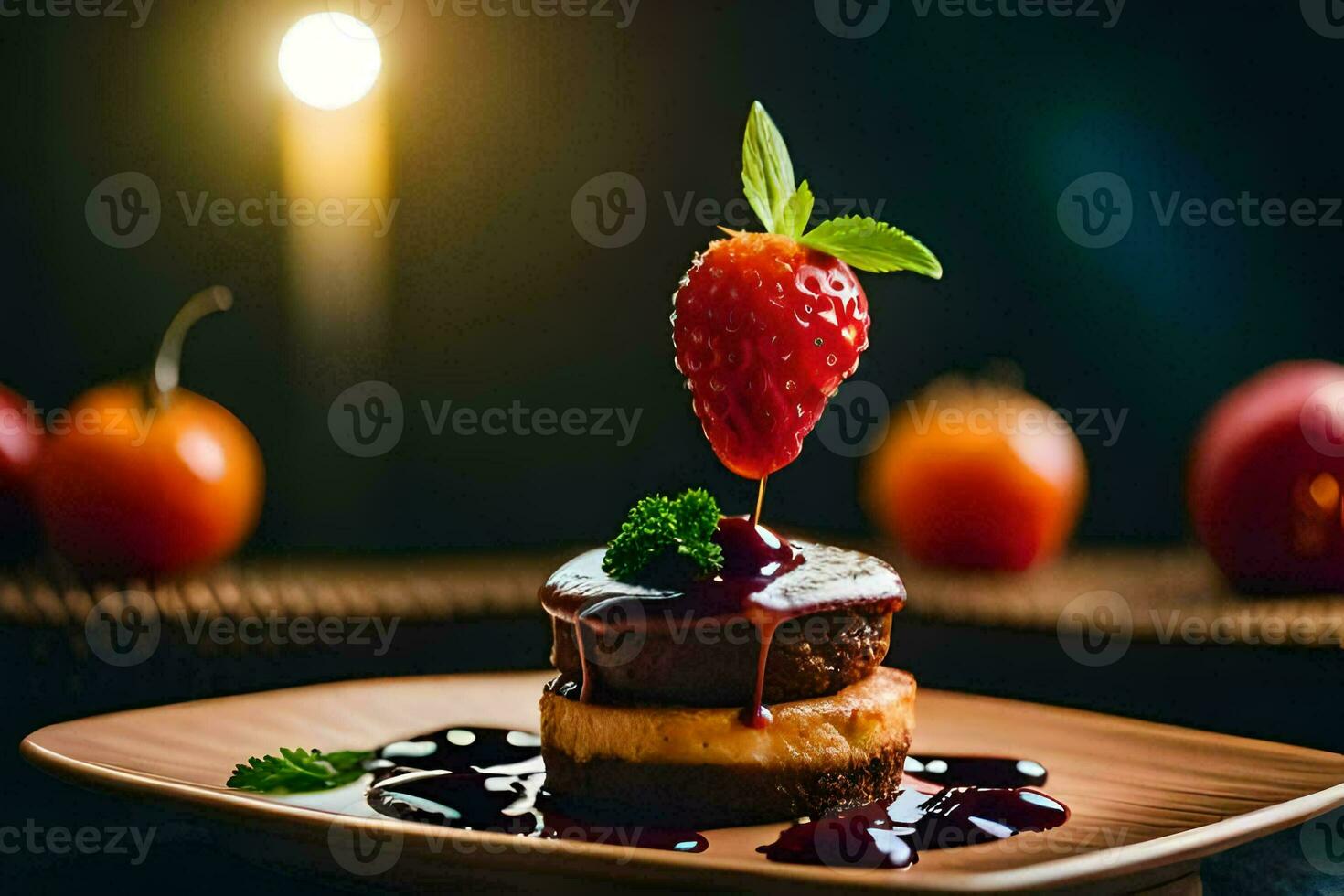 a dessert with strawberries and chocolate on a plate. AI-Generated photo