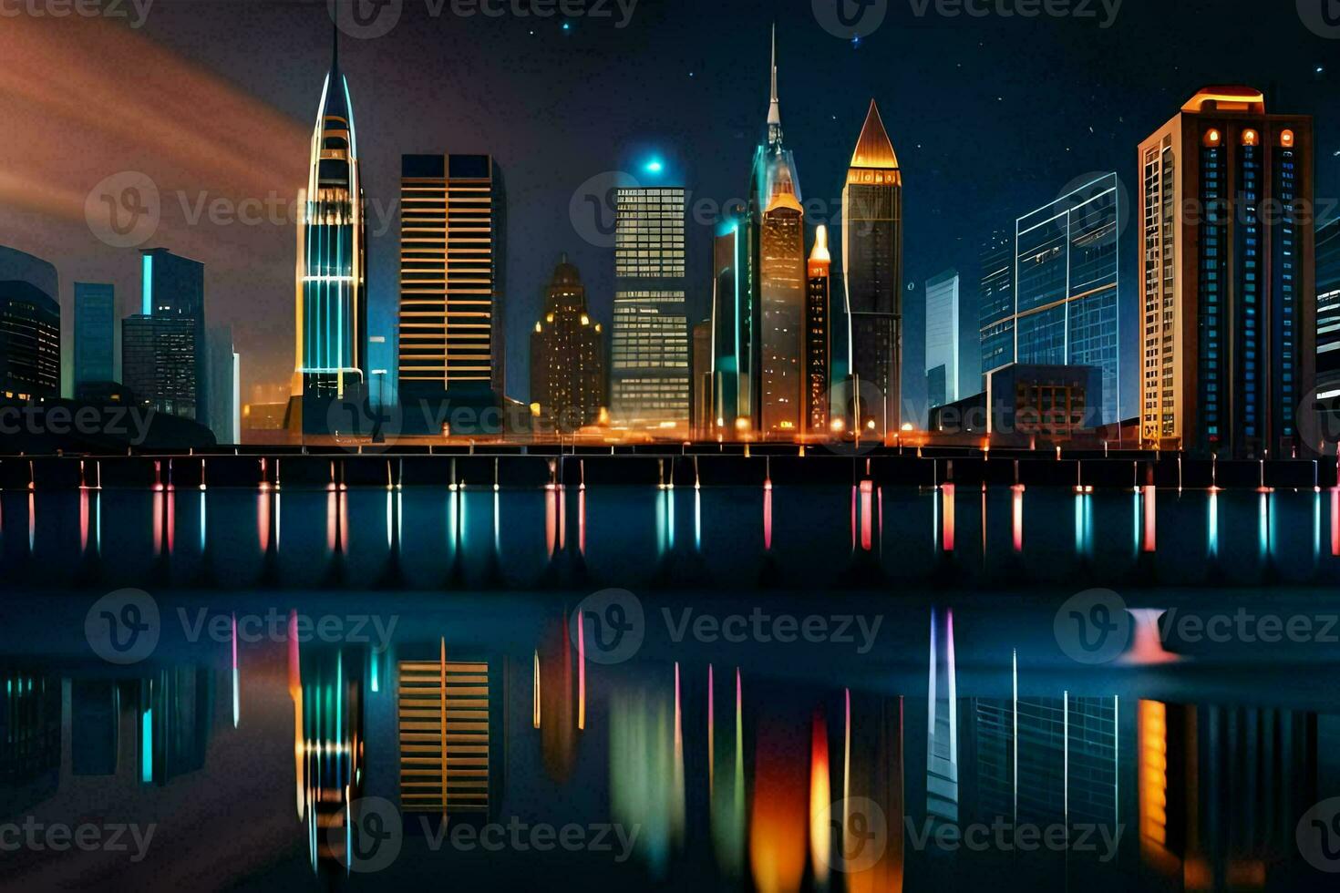 a city at night with lights reflecting off the water. AI-Generated photo