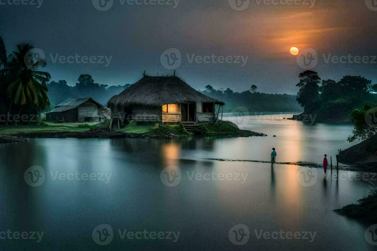 foto fondo de pantalla el cielo, agua, gente, casa, río, atardecer, el luna, el. generado por ai