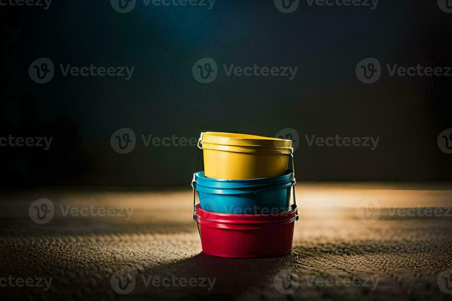 three colorful buckets on a wooden table. AI-Generated photo