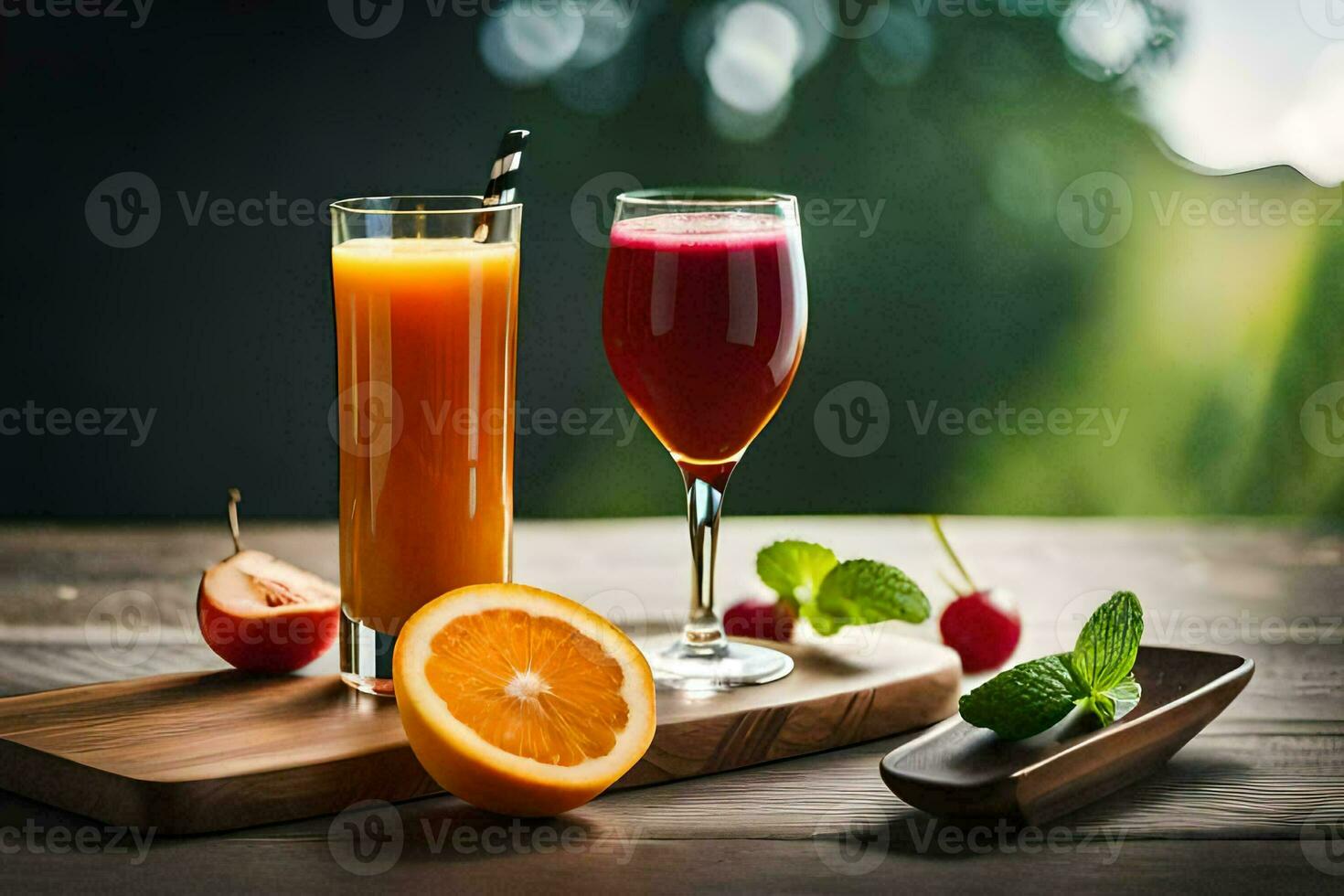 two glasses of juice and an orange on a wooden table. AI-Generated photo