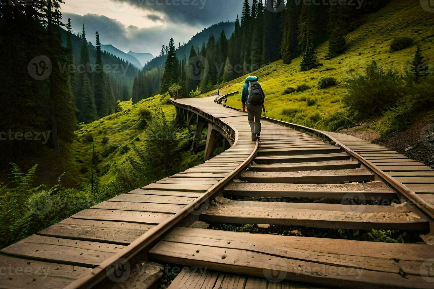 a person walking on a wooden path in the mountains. AI-Generated photo