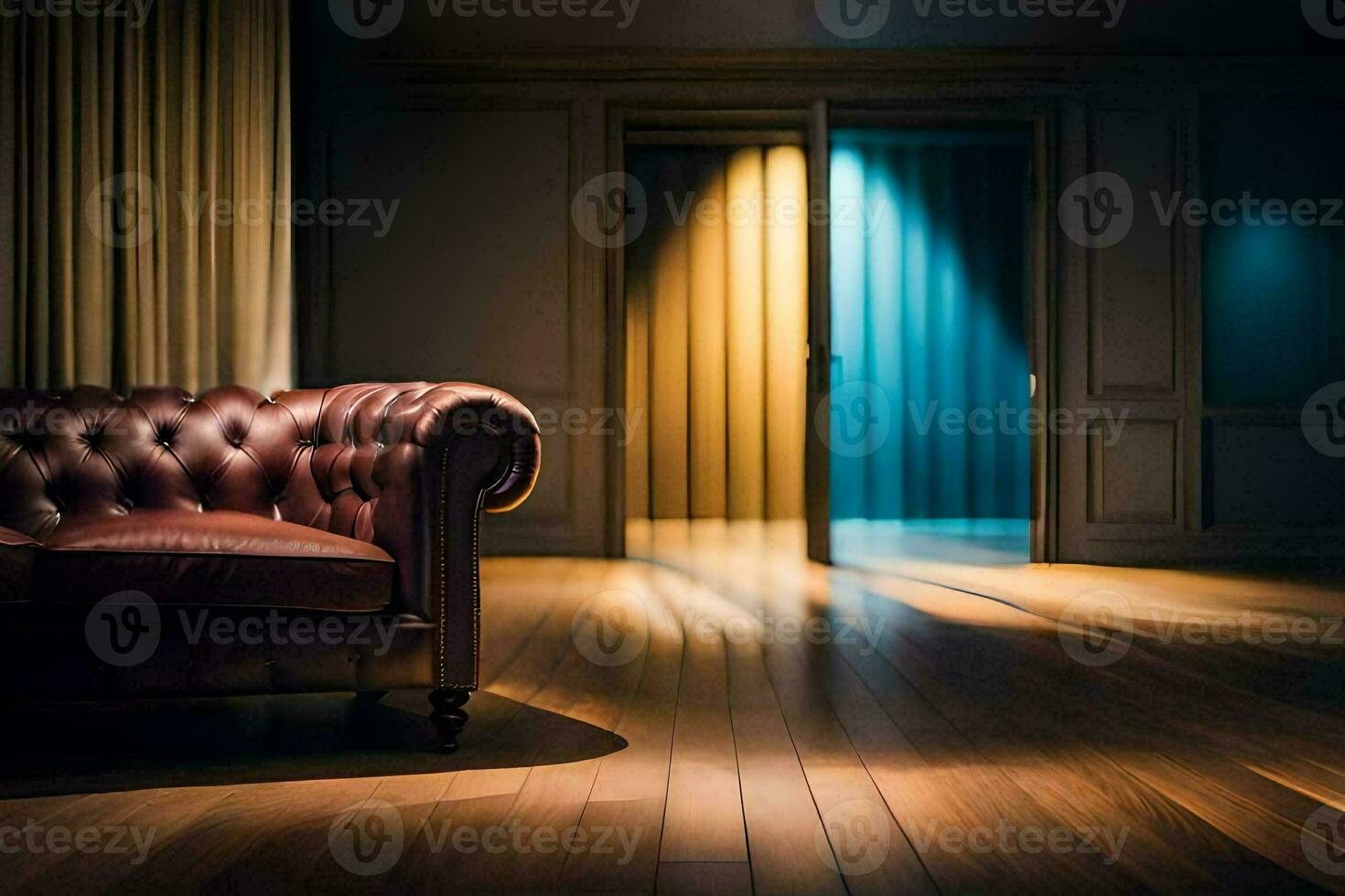 a dark room with a leather couch and a light coming from the door. AI-Generated photo