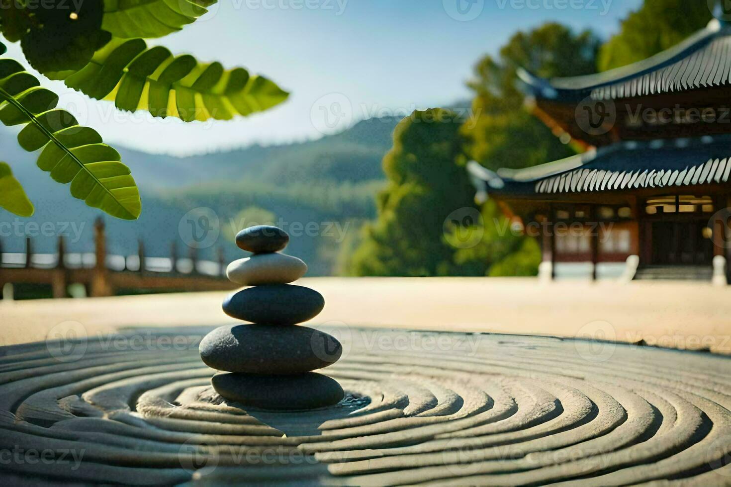 a stone circle with a pagoda in the background. AI-Generated photo