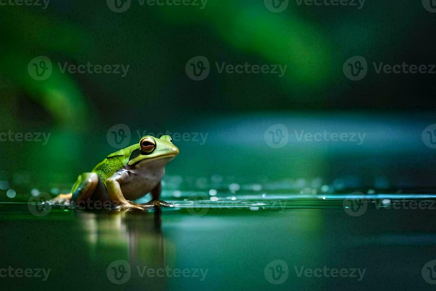 a frog sitting on the water with water droplets. AI-Generated photo