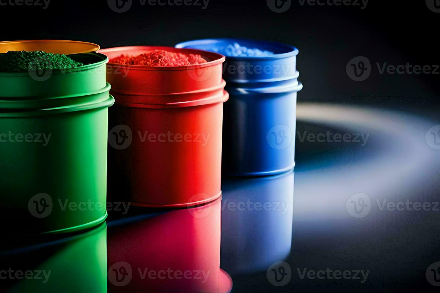 three colorful paint cans on a black background. AI-Generated photo
