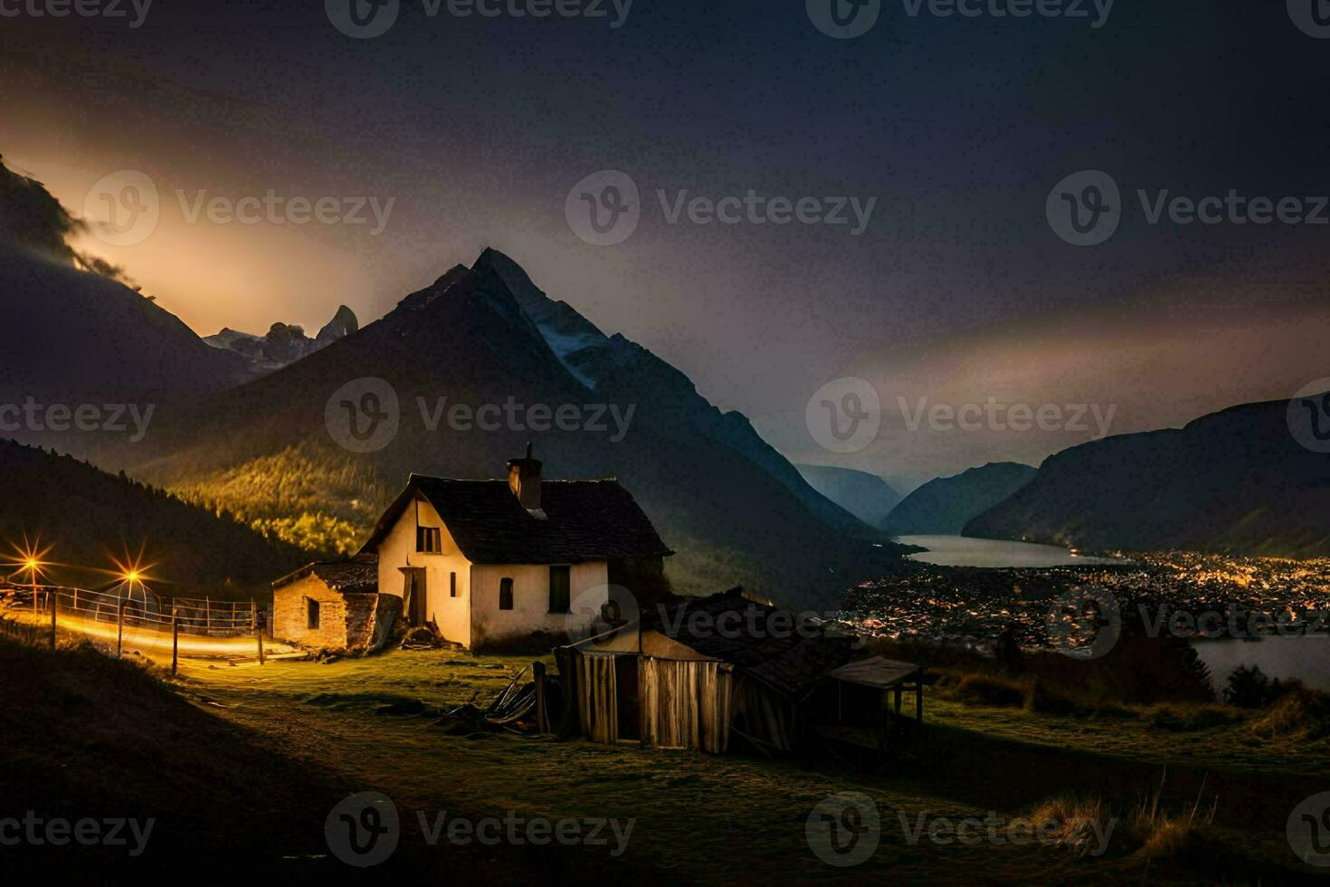 un casa en el montañas a noche. generado por ai foto