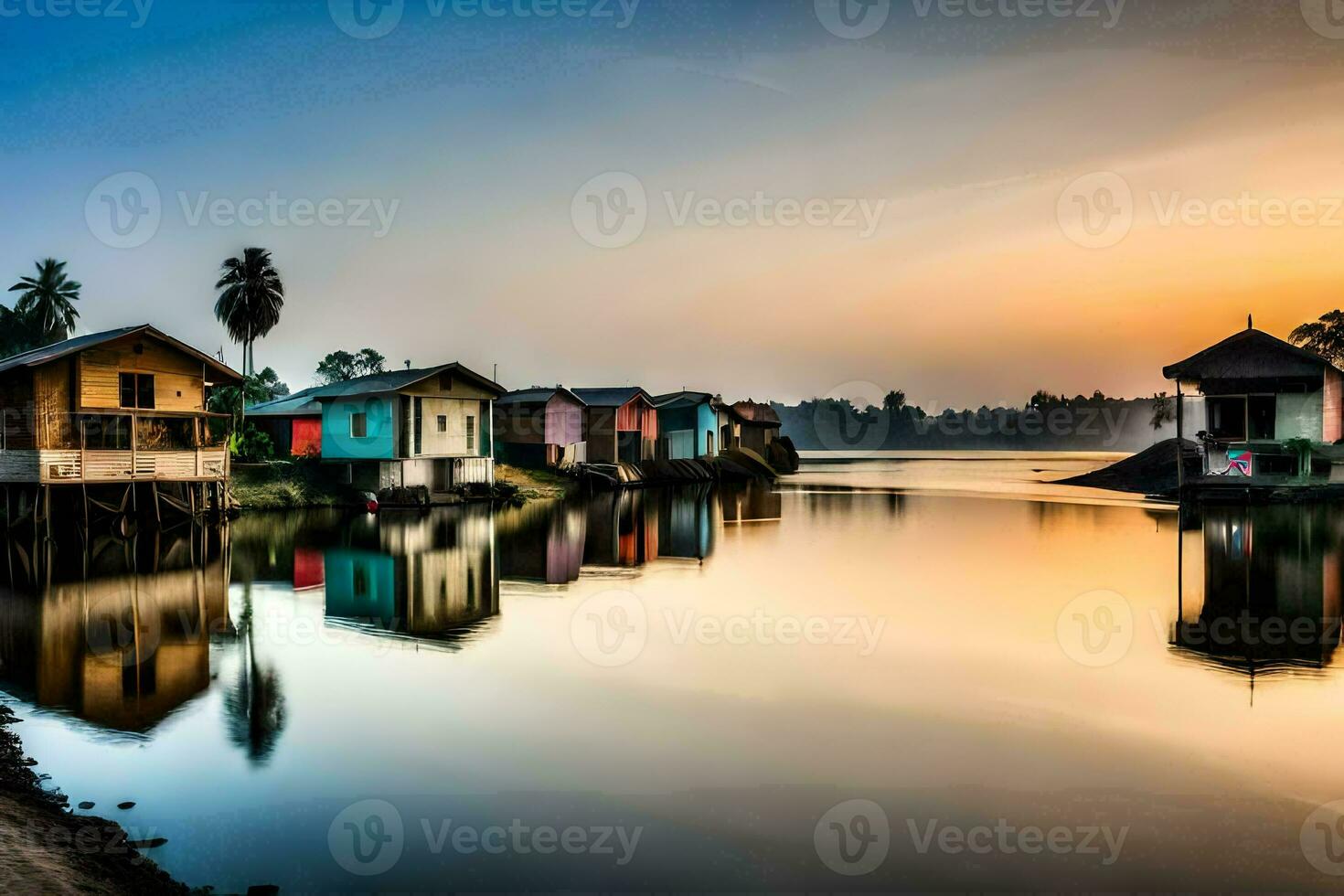 a river with houses on the shore at sunset. AI-Generated photo