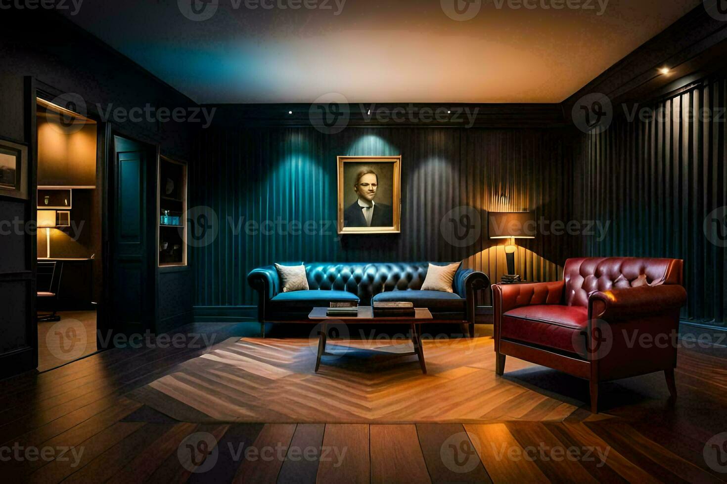 a dark room with a leather couch and a painting on the wall. AI-Generated photo