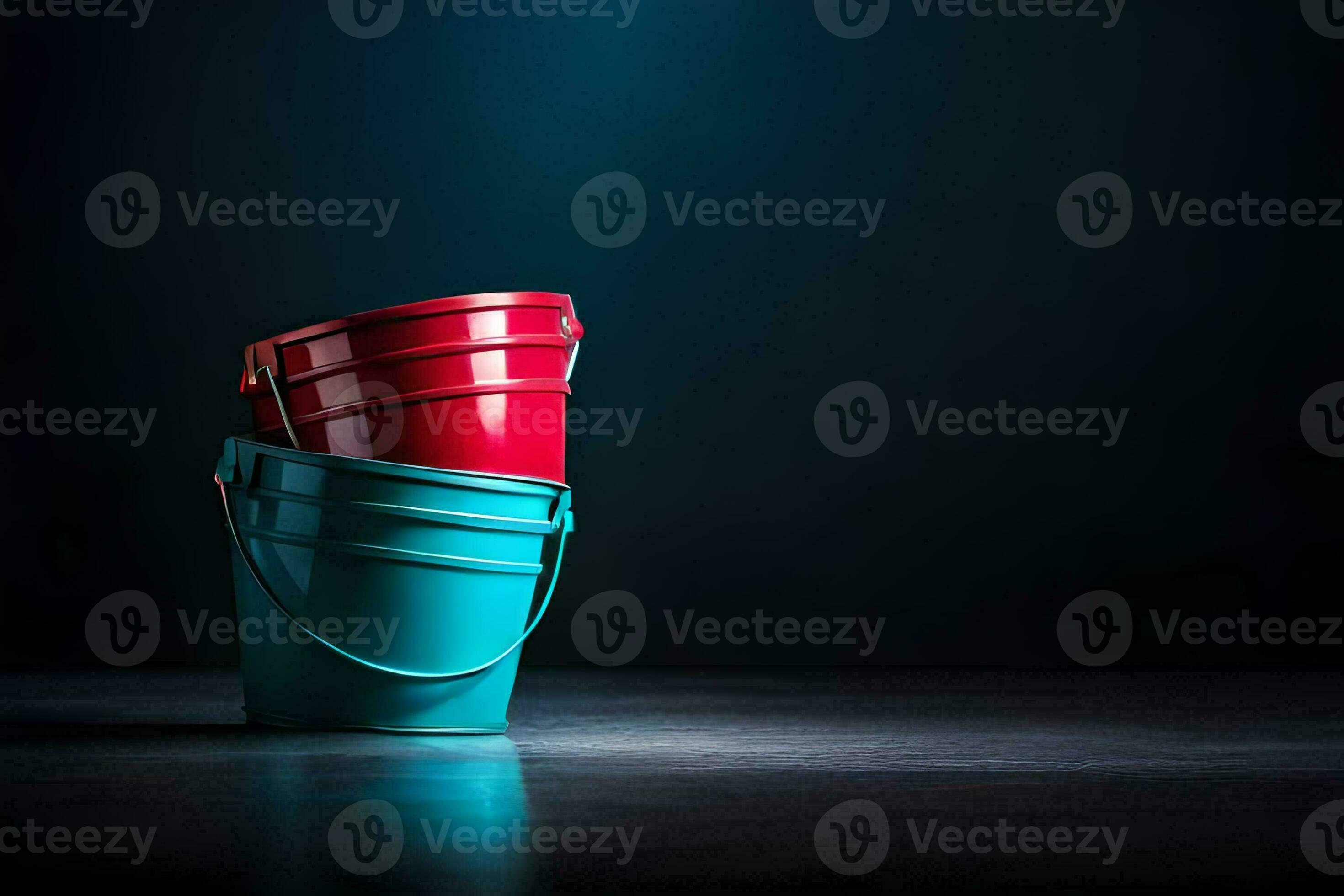two red and blue buckets on a dark floor. AIGenerated 33460353 Stock