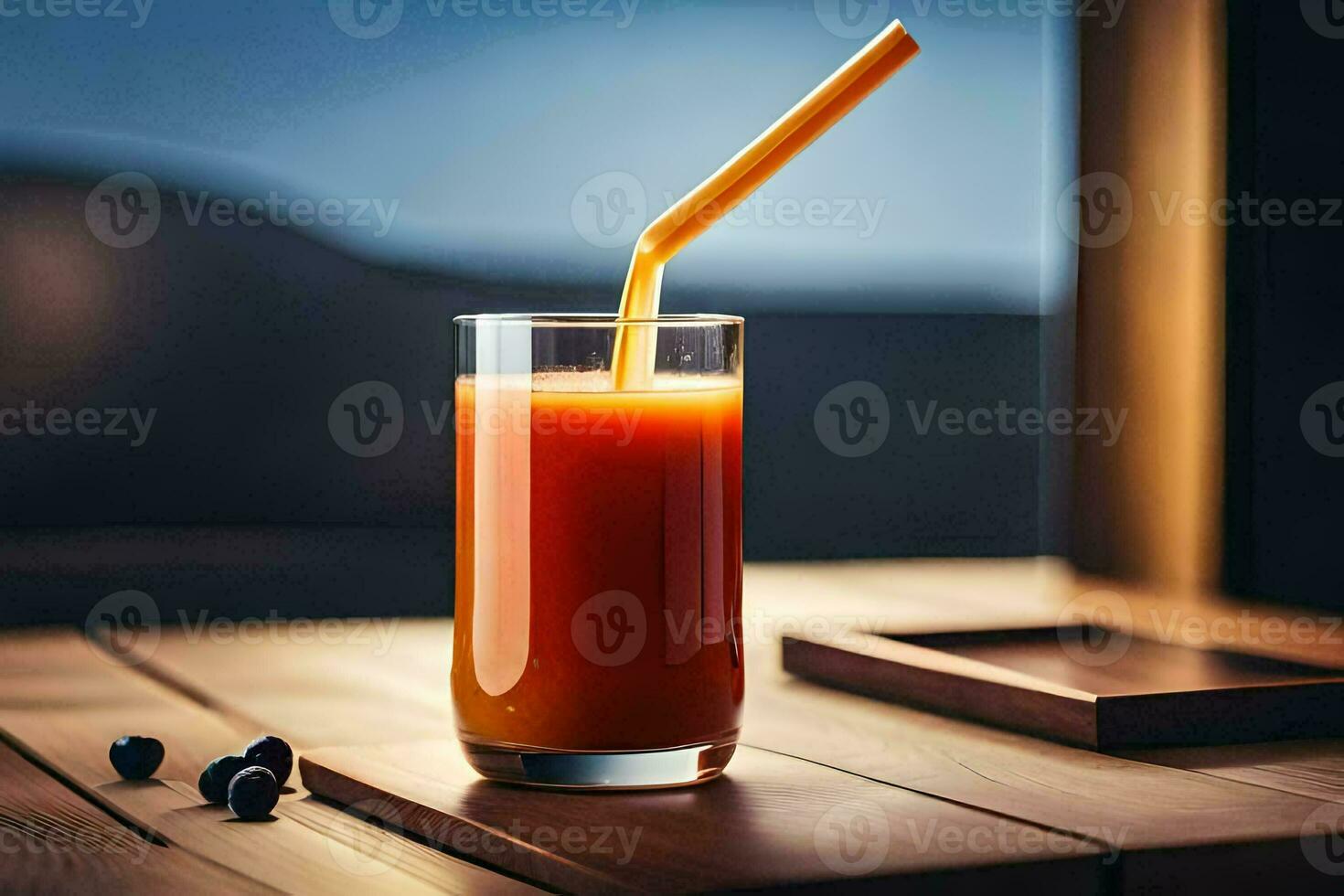 a glass of orange juice on a wooden table. AI-Generated photo