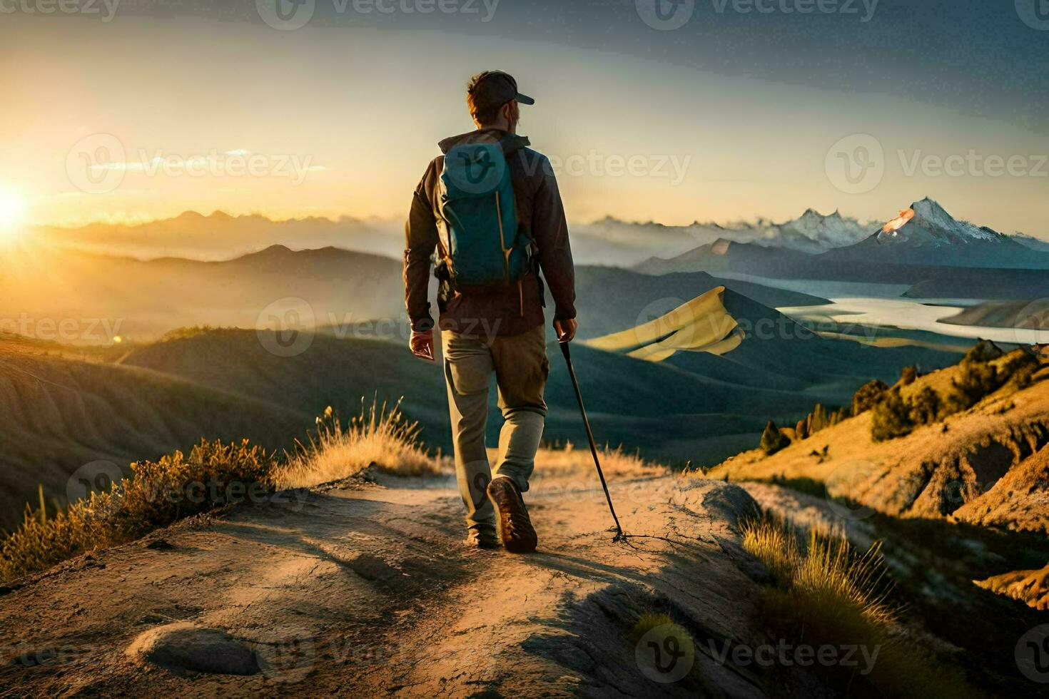 a man with a backpack and trek poles walks up a mountain at sunset. AI-Generated photo