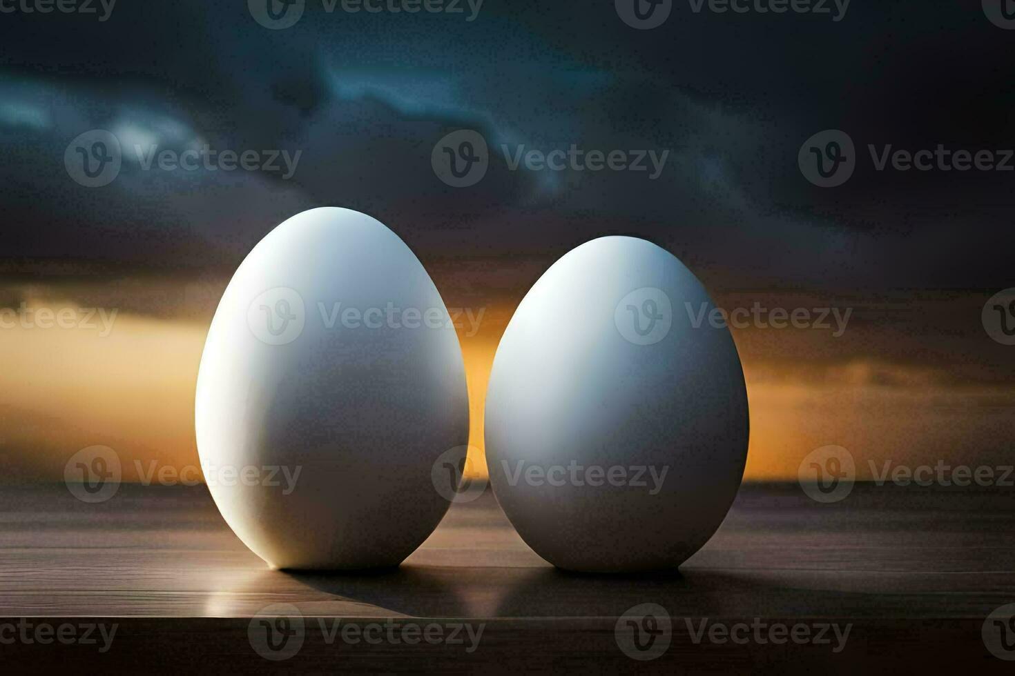 dos blanco huevos son en pie en un mesa. generado por ai foto