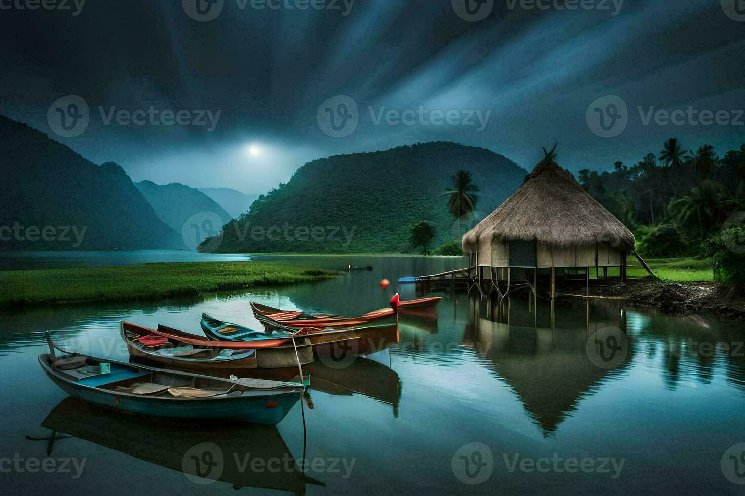 boats docked in the water near a hut. AI-Generated photo