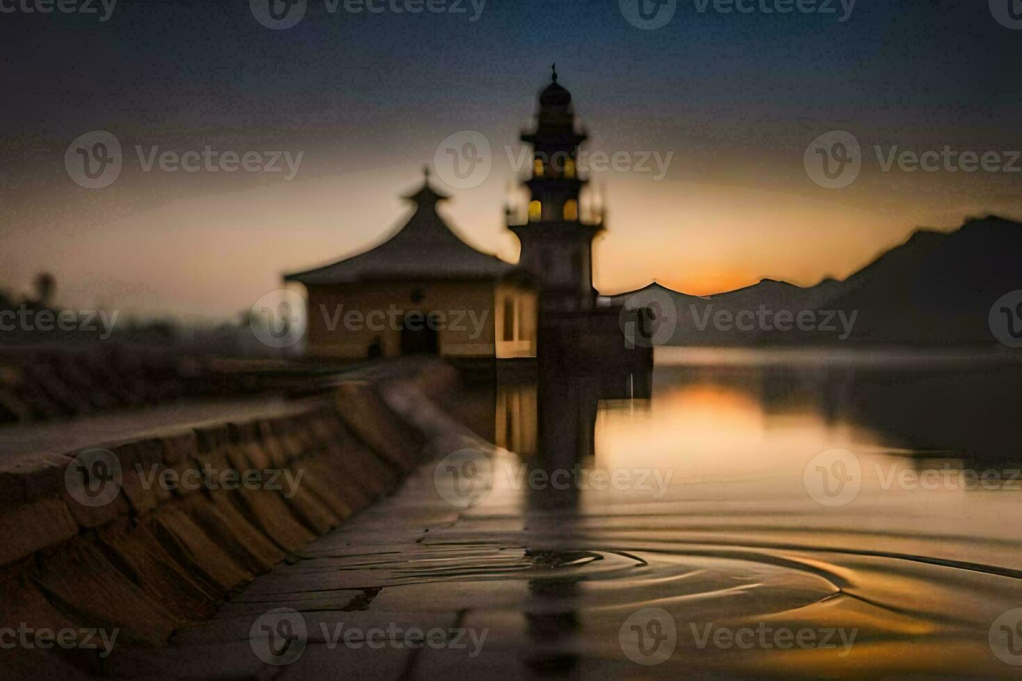 a mosque is reflected in the water at sunrise. AI-Generated photo