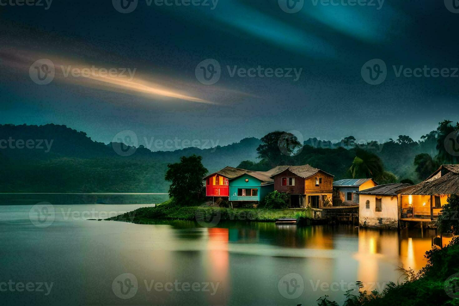 houses on the shore of a lake at night. AI-Generated photo