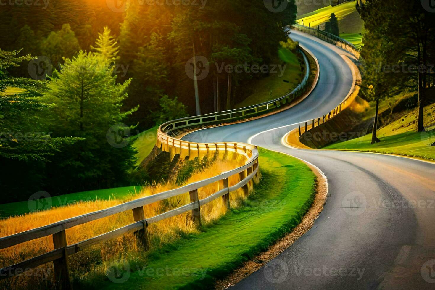 a winding road in the mountains with the sun setting. AI-Generated photo