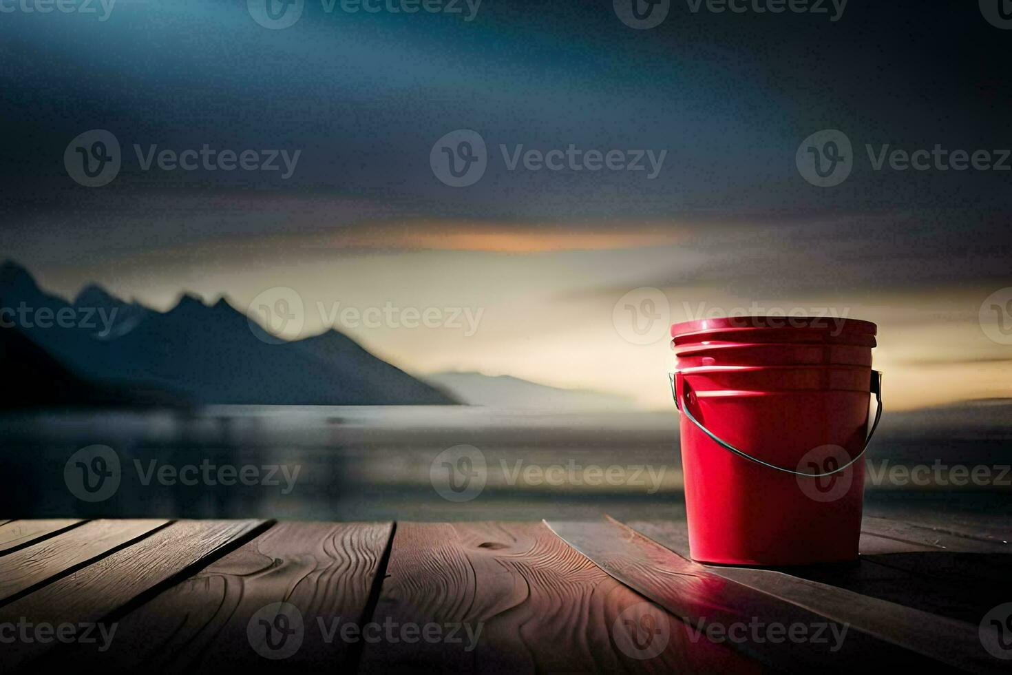 a red bucket sitting on a wooden deck overlooking a lake. AI-Generated photo