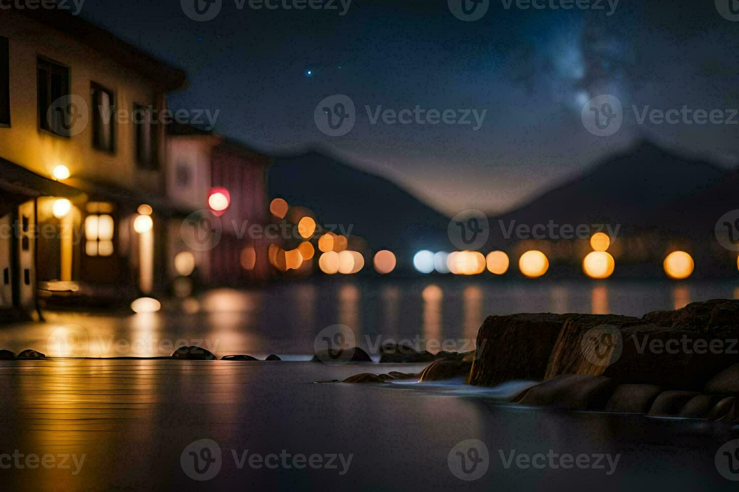 un noche Disparo de un lago y edificios a noche. generado por ai foto