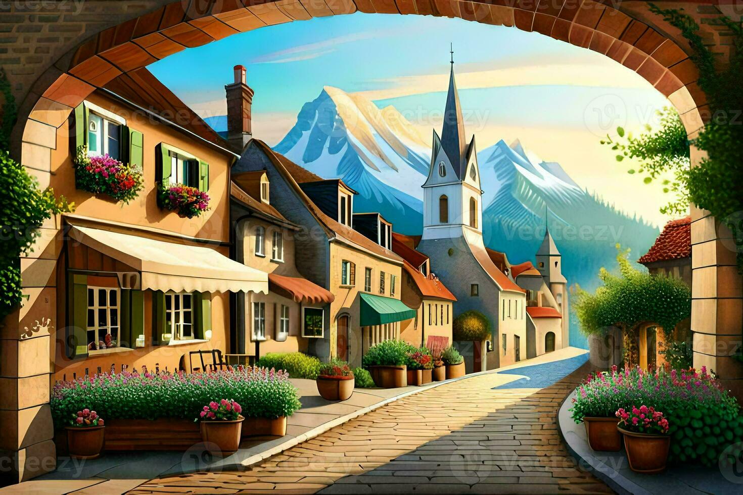 an illustration of a street in a small town. AI-Generated photo