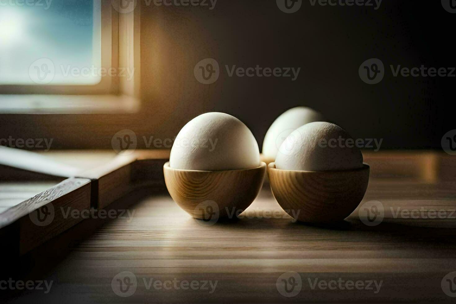 three eggs in wooden bowls on a table. AI-Generated photo