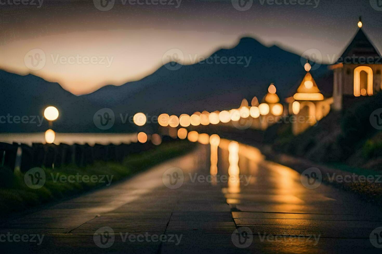 a long road with lights on it at night. AI-Generated photo