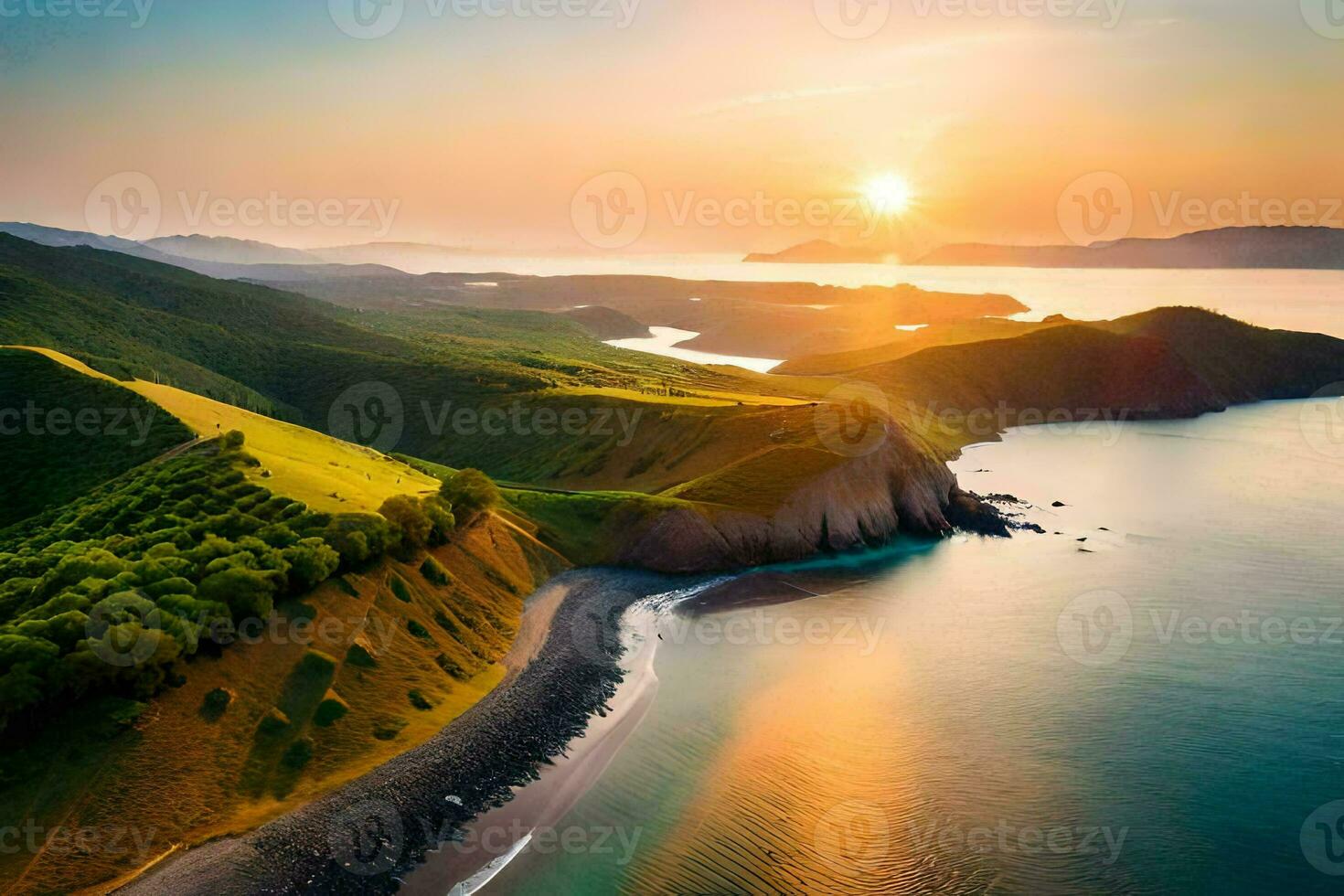 the sun sets over the ocean and hills in this photo. AI-Generated photo