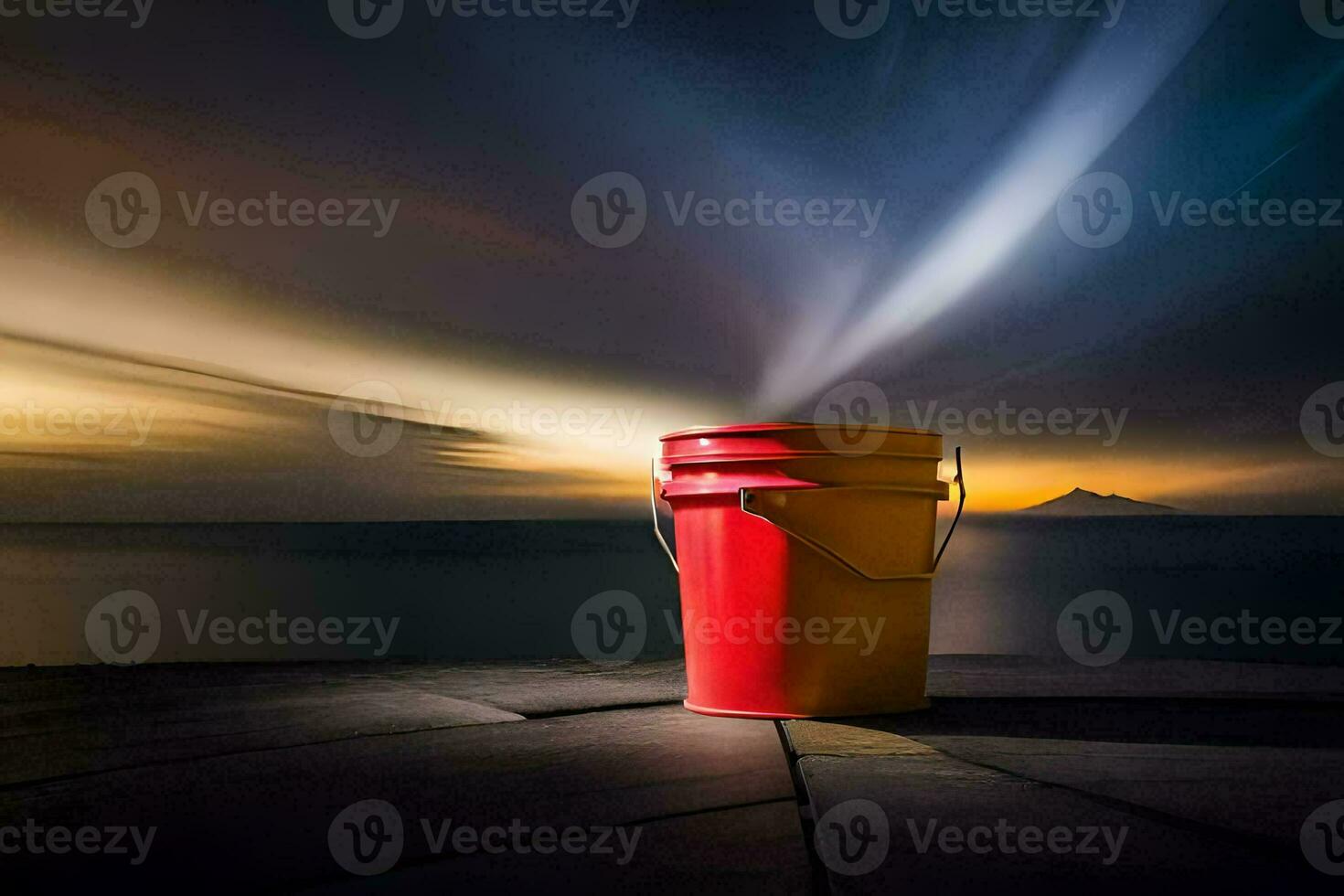a red bucket sitting on the ground with a long exposure. AI-Generated photo