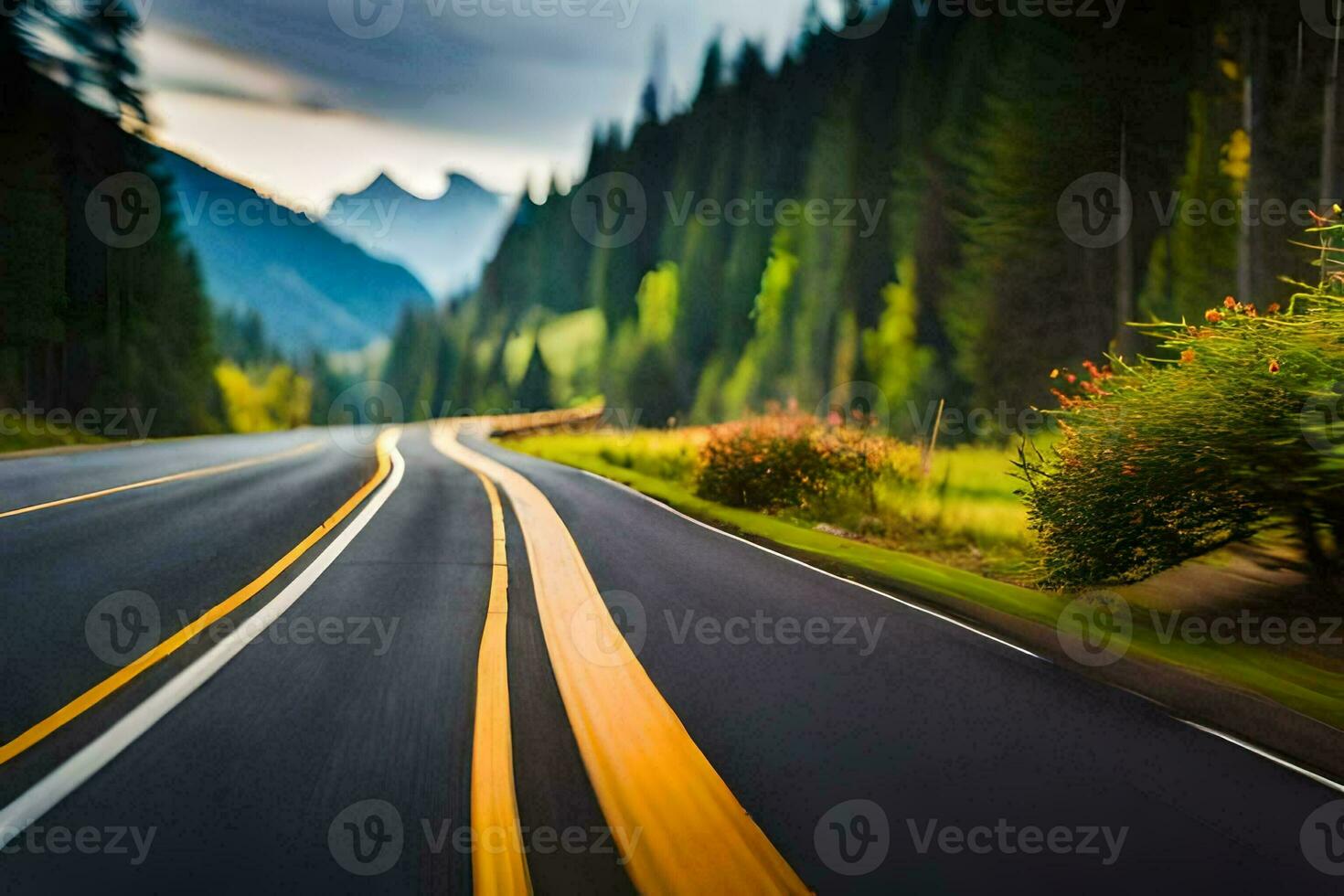a blurry image of a road with trees and mountains. AI-Generated photo