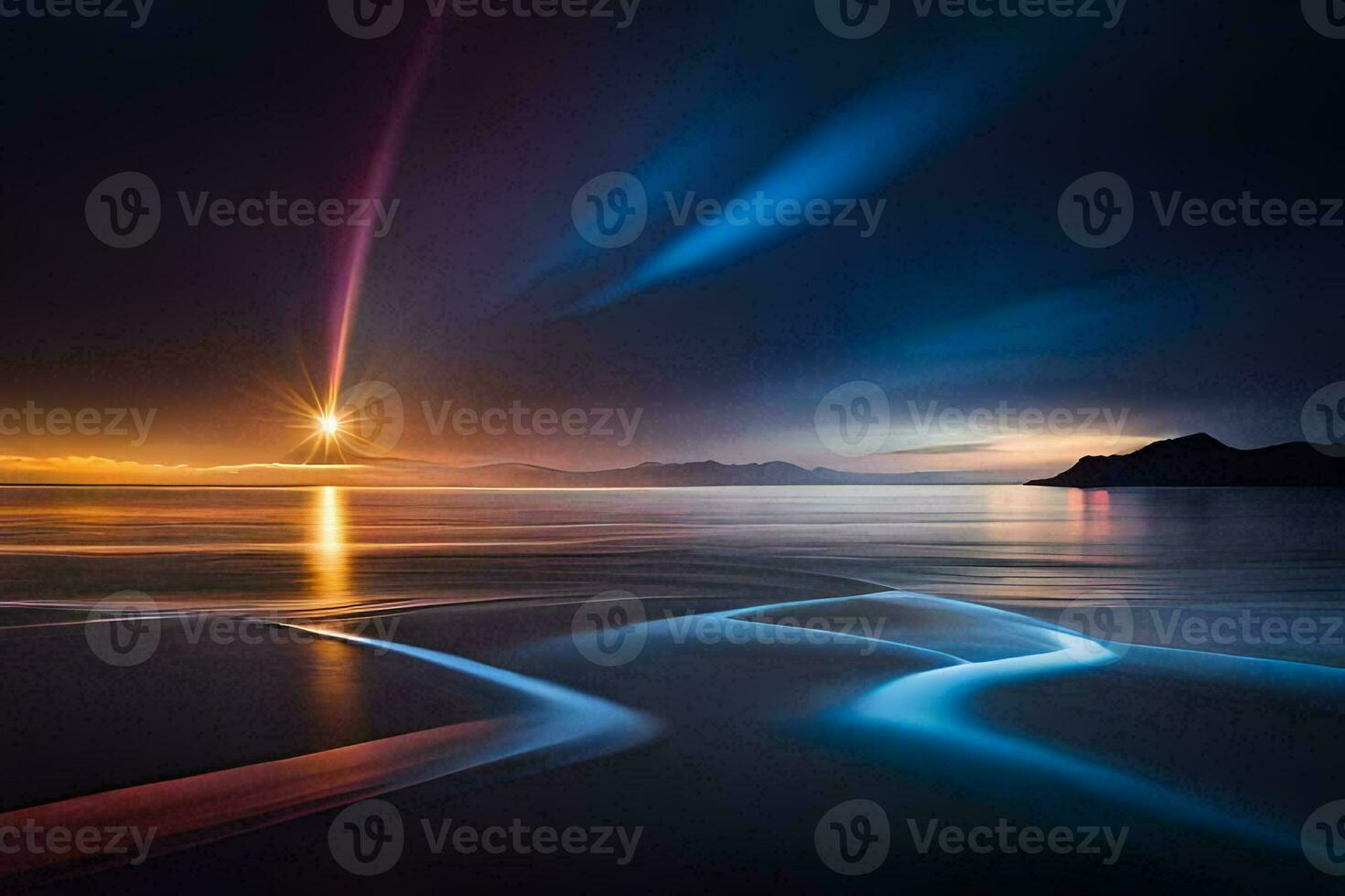the sun is shining over the ocean and waves. AI-Generated photo