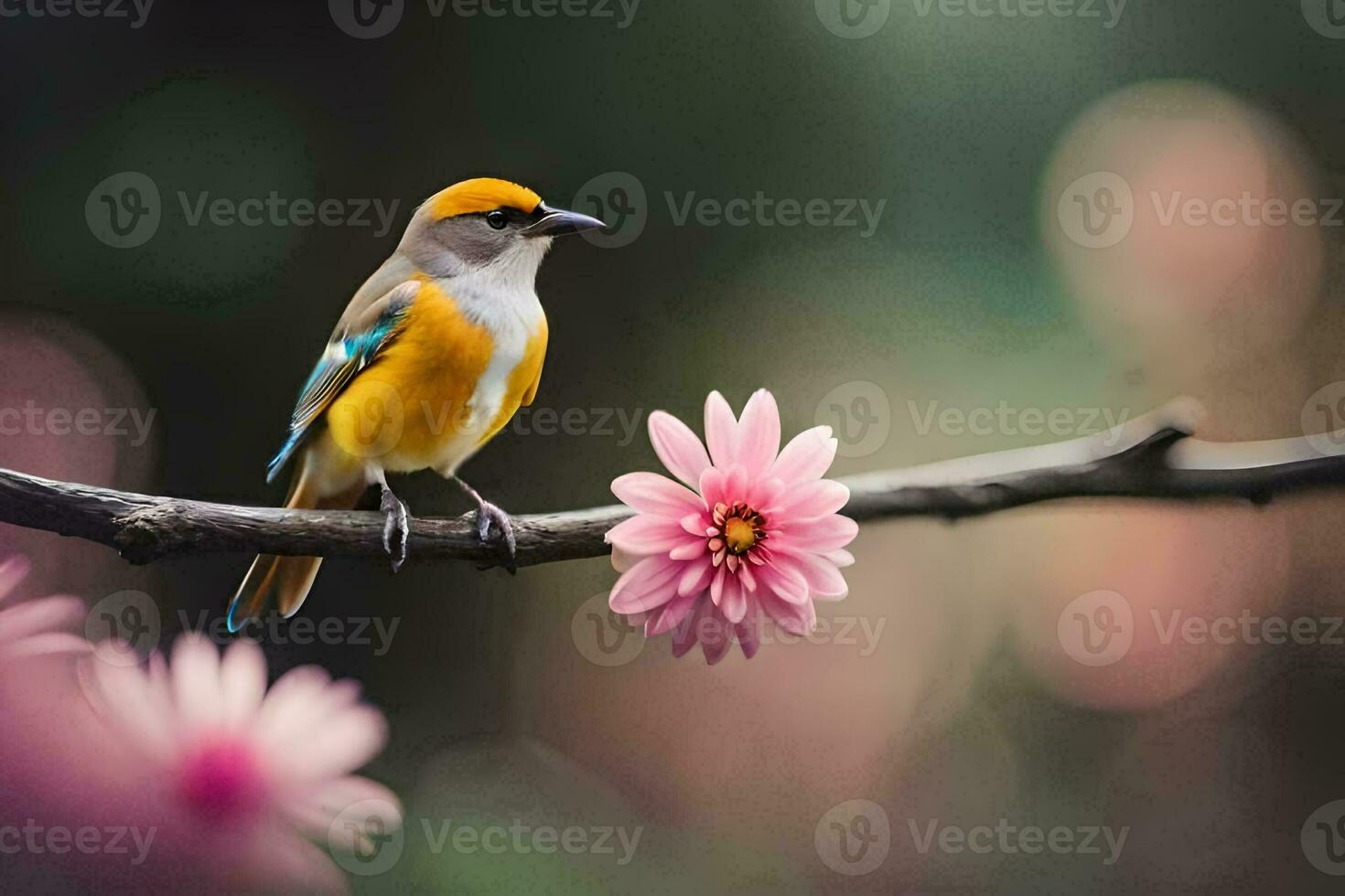 a bird sits on a branch with pink flowers. AI-Generated photo