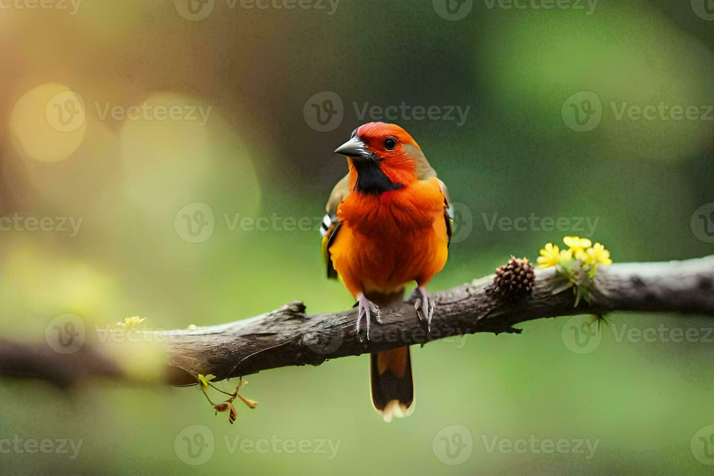 un rojo pájaro sentado en un rama con verde hojas. generado por ai foto