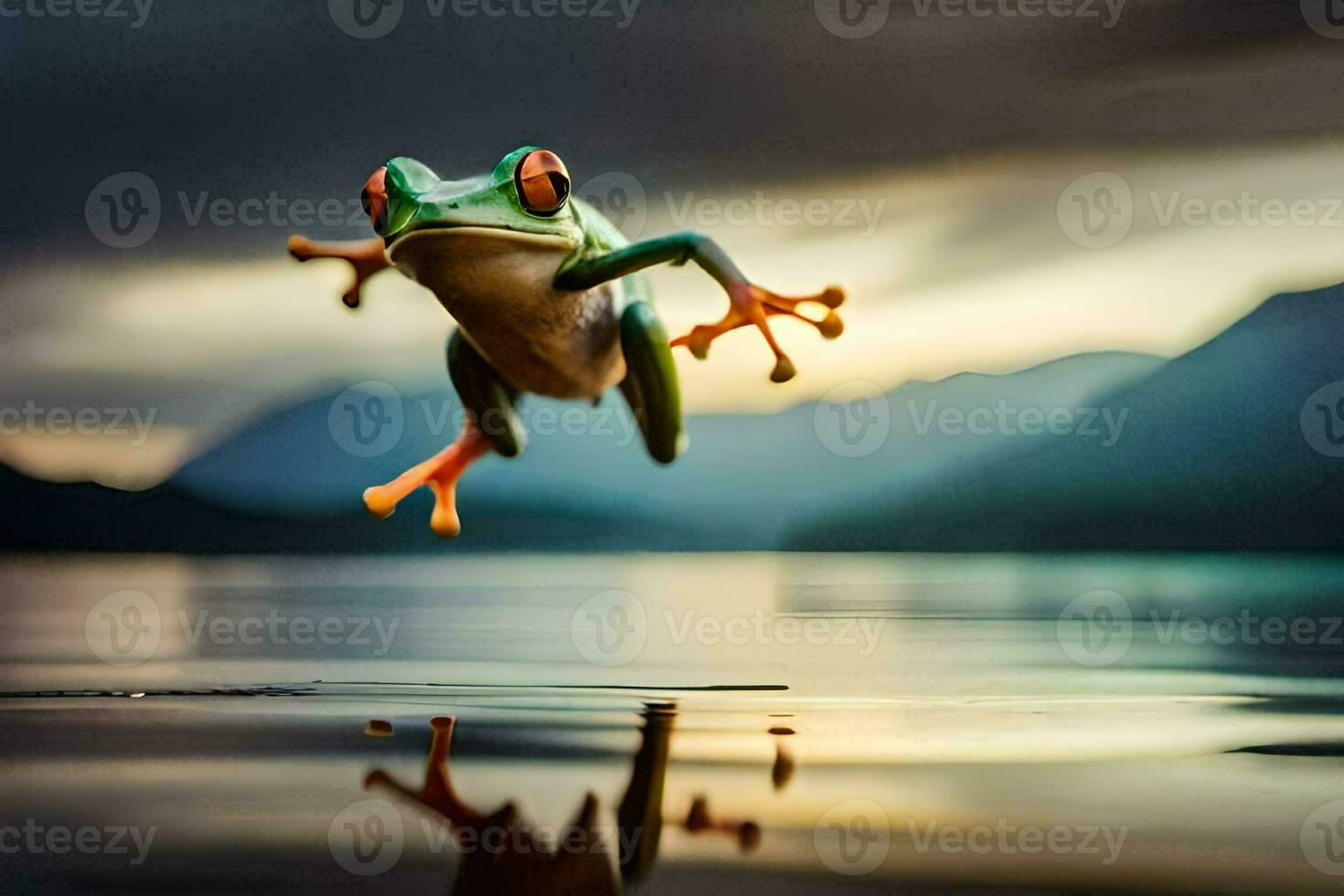 a frog jumping out of the water. AI-Generated photo