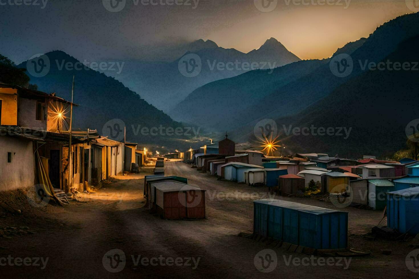 a village at dusk with mountains in the background. AI-Generated photo