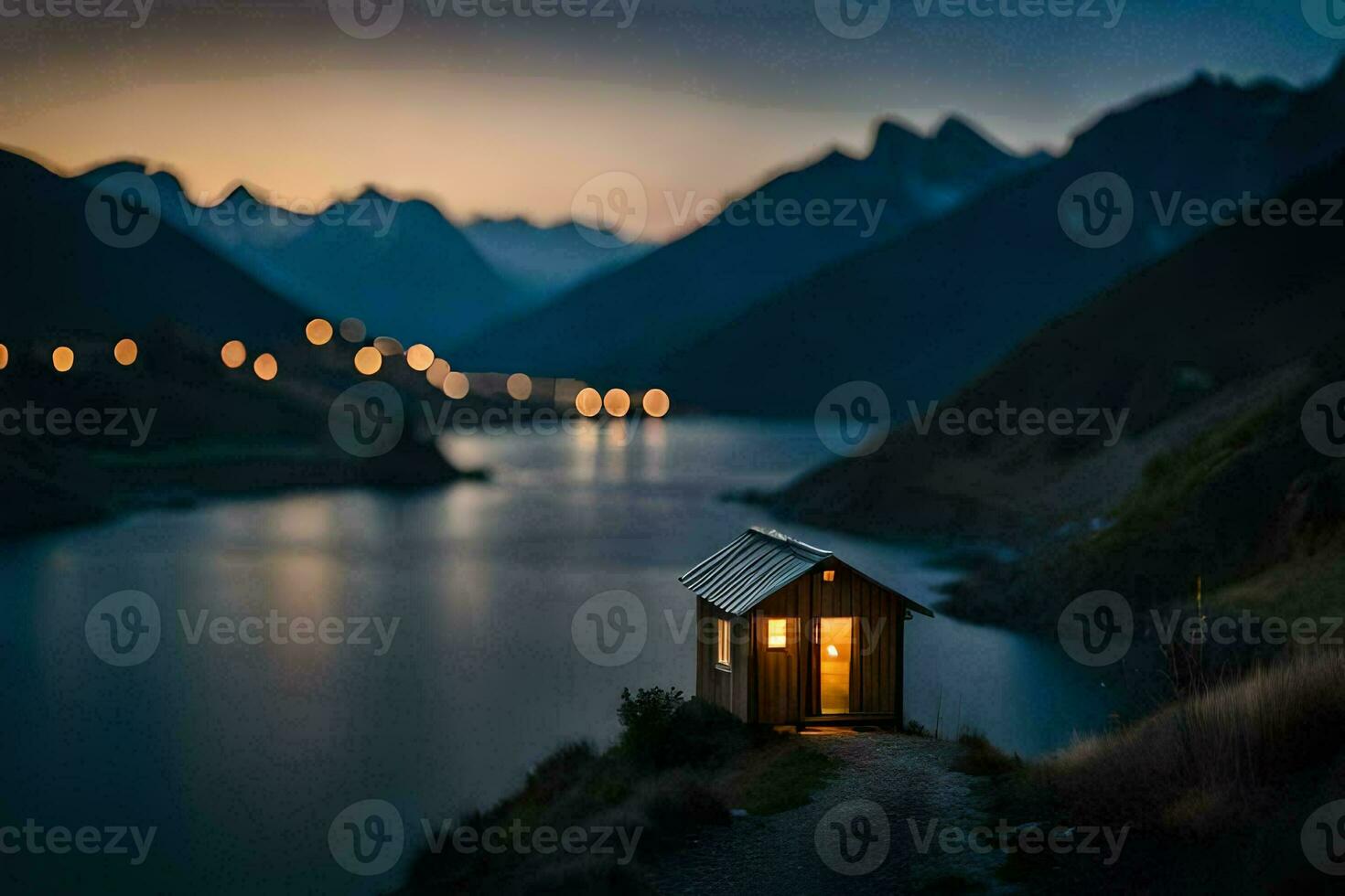 a small cabin sits on the side of a mountain overlooking a lake. AI-Generated photo