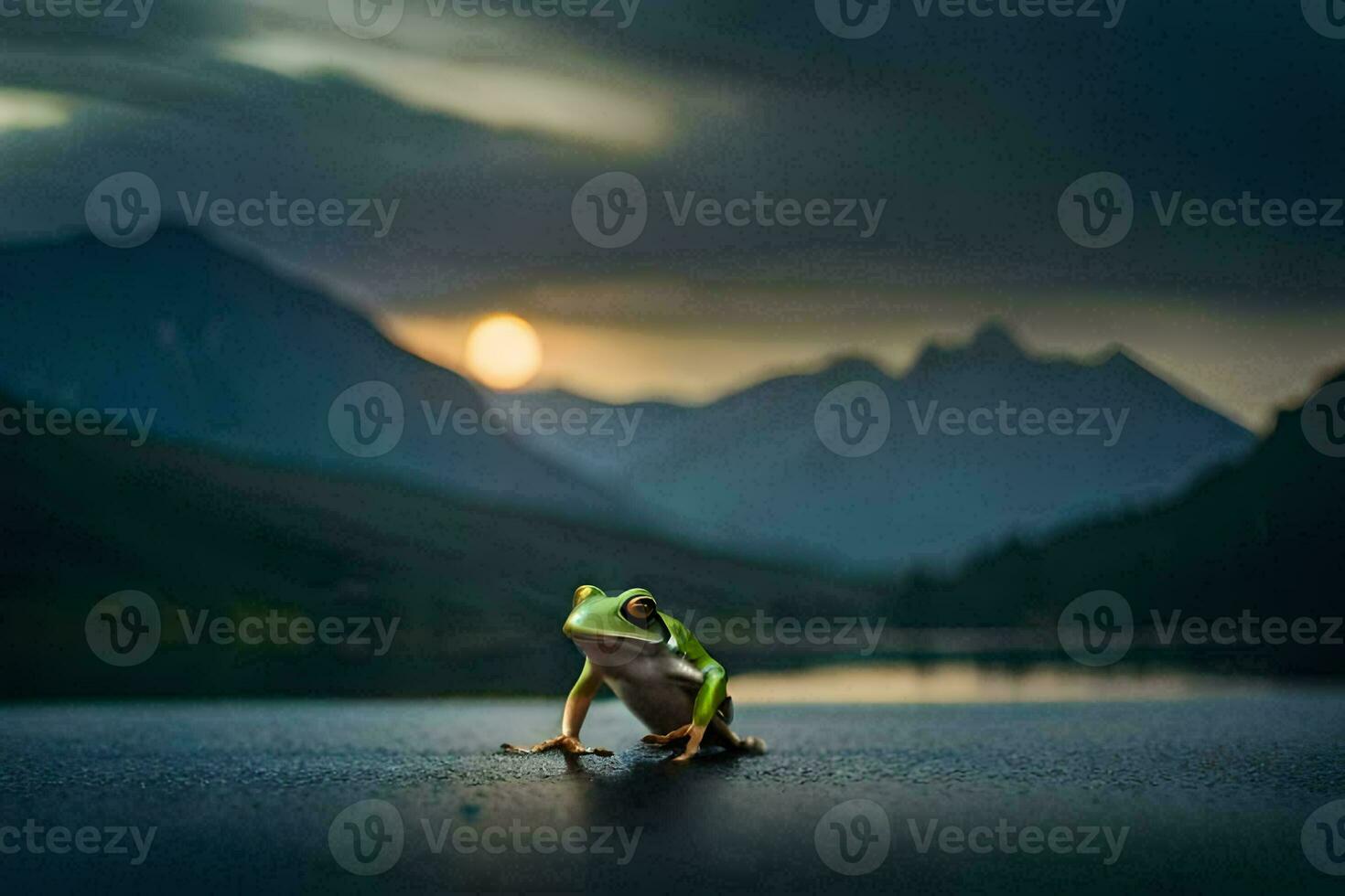 a frog sitting on the ground in front of a lake. AI-Generated photo
