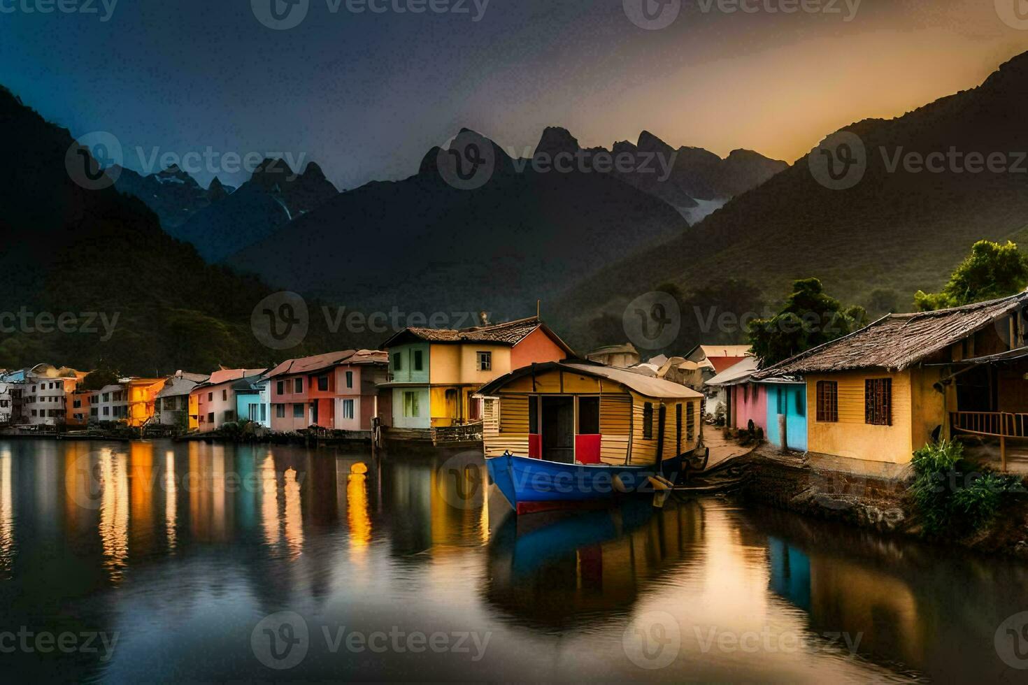 colorful houses on the water in front of mountains. AI-Generated photo
