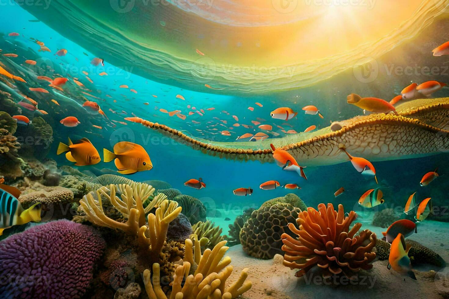 the sun shines over a coral reef with fish and corals. AI-Generated photo