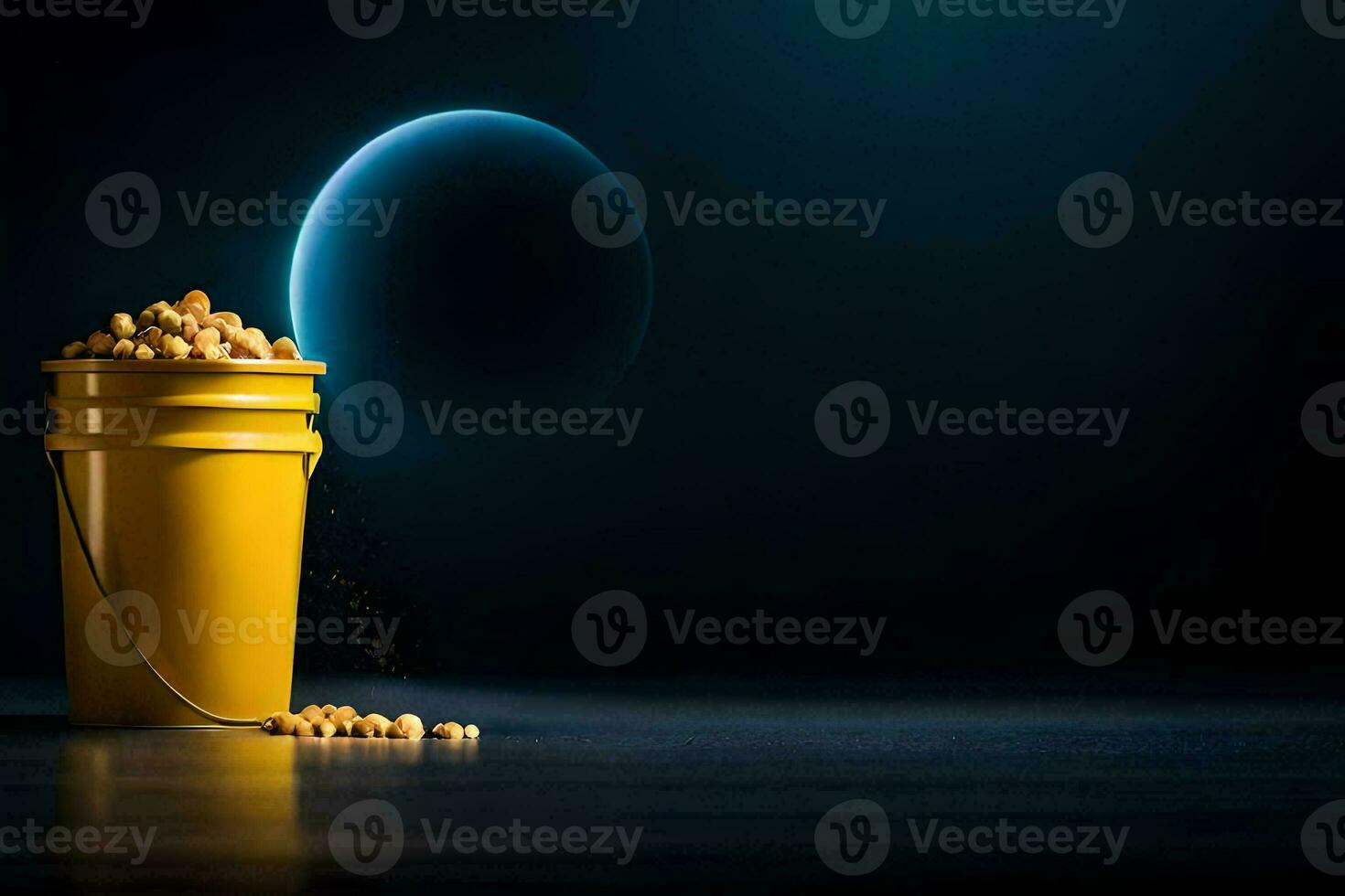 a yellow bucket filled with peanuts on a dark background. AI-Generated photo
