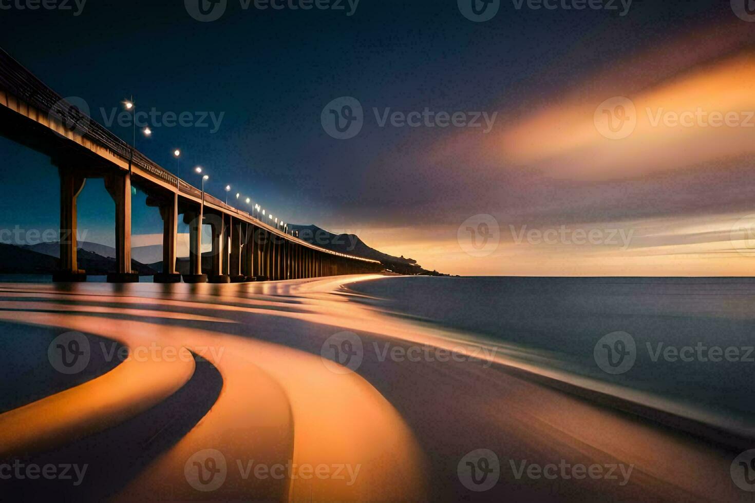 a long exposure photograph of a bridge at sunset. AI-Generated photo