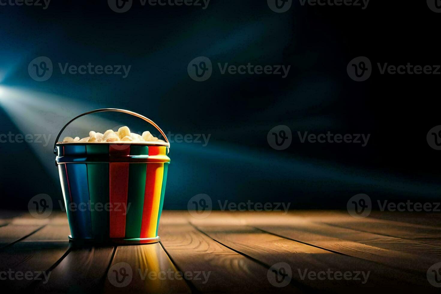 a bucket of popcorn on a wooden floor. AI-Generated photo