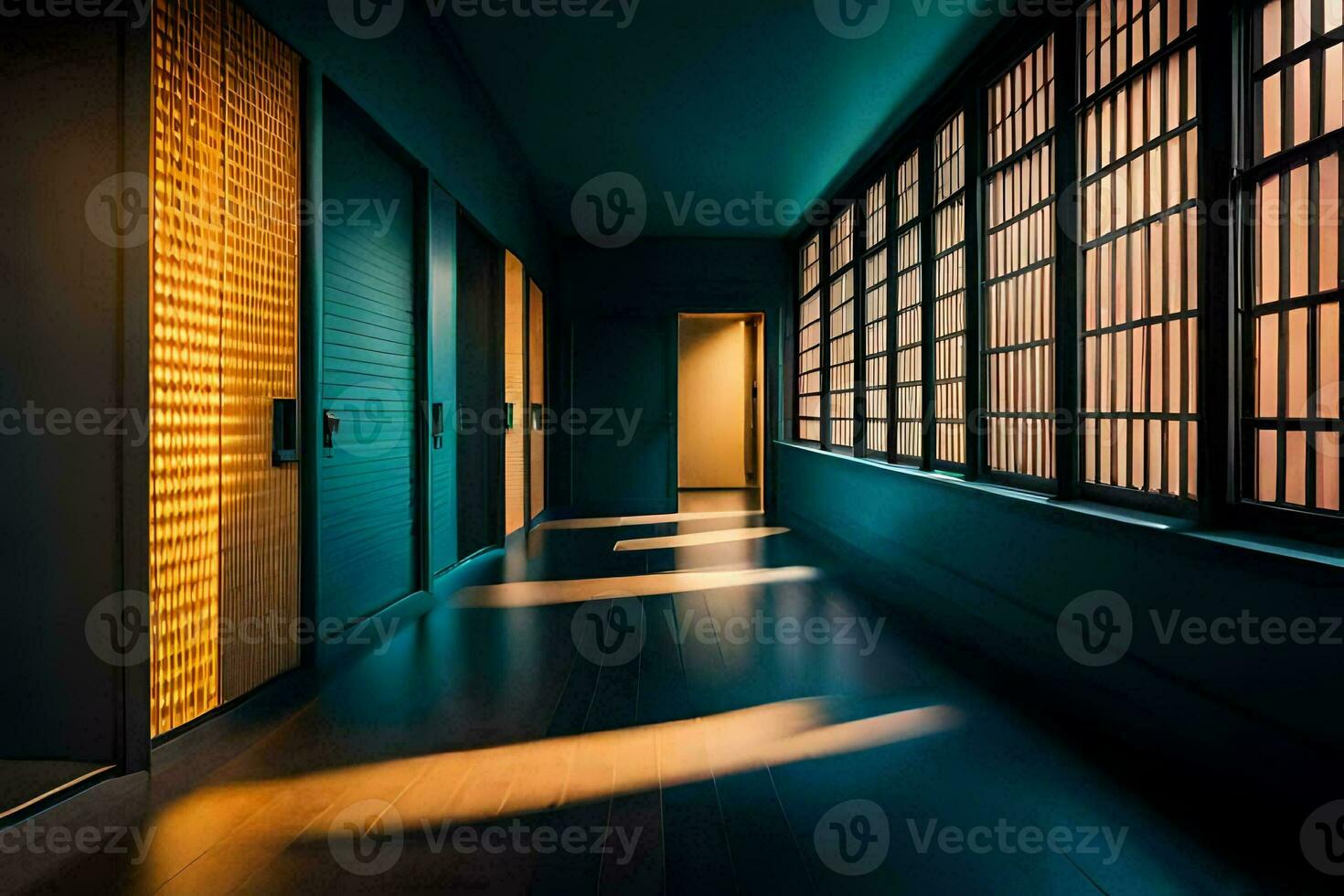 a hallway with wooden doors and windows. AI-Generated photo