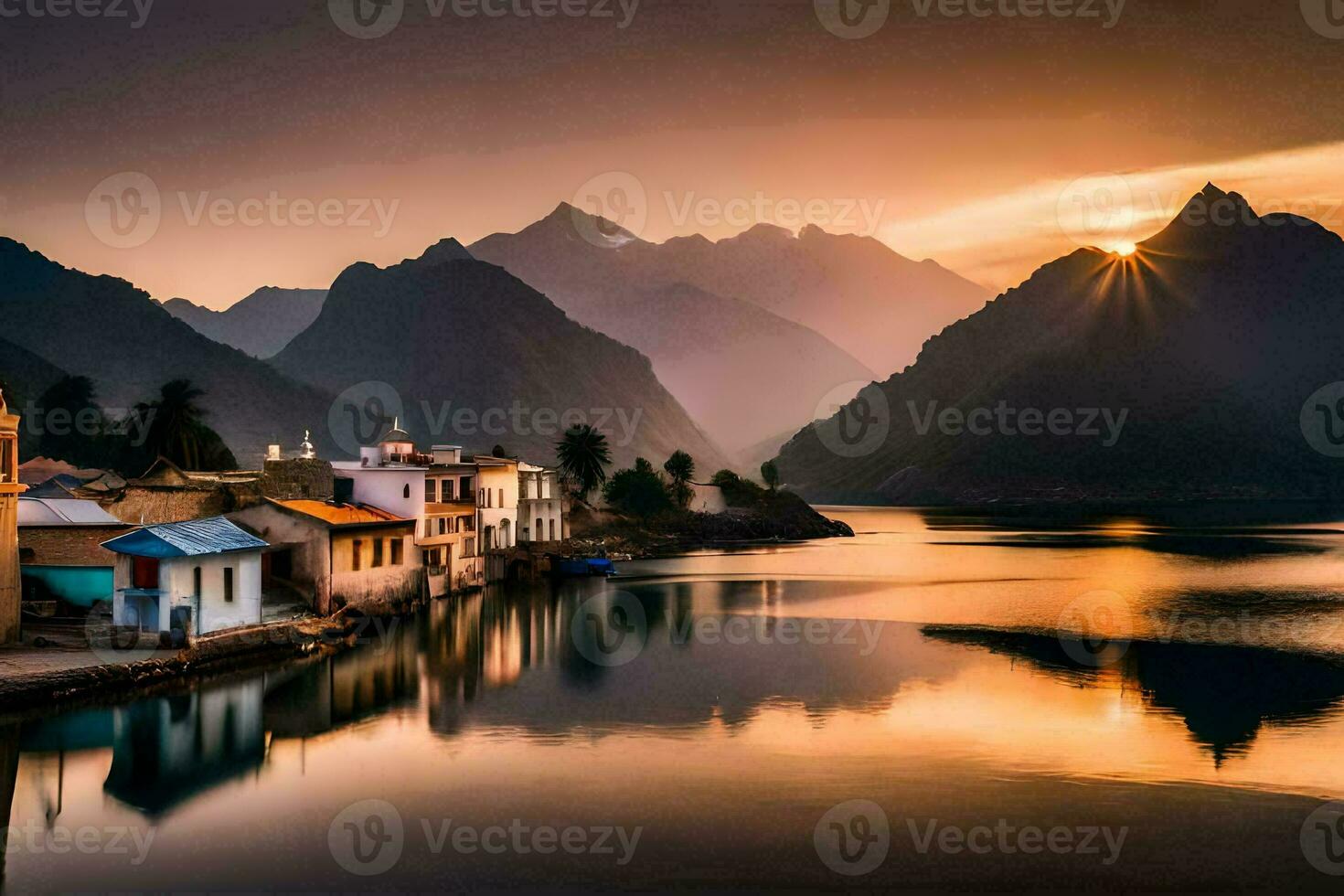 the sun sets over a mountain range and a village. AI-Generated photo