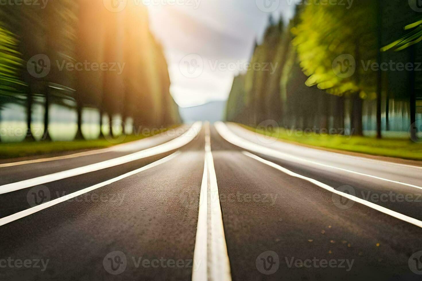 a blurry image of a road with trees in the background. AI-Generated photo