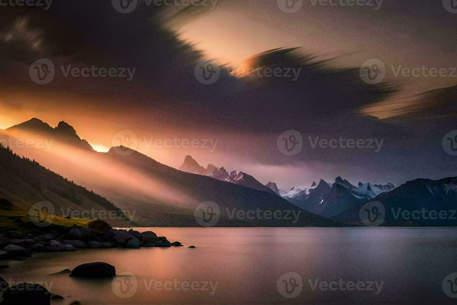 a beautiful sunset over mountains and water. AI-Generated photo