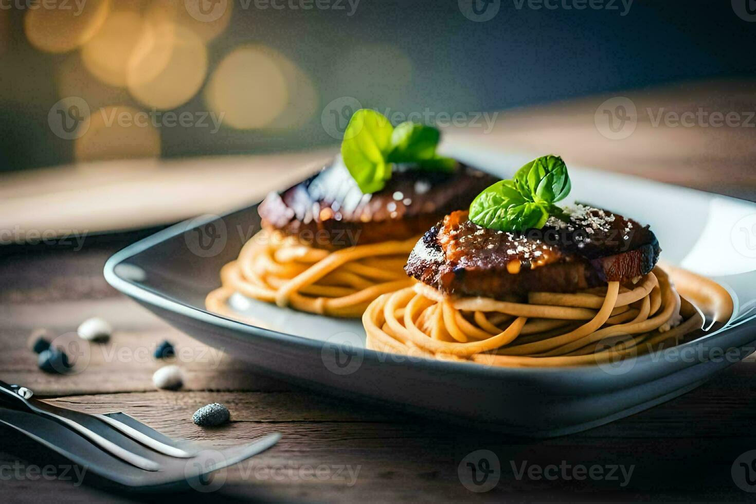 spaghetti with meat and mint leaves on a plate. AI-Generated photo